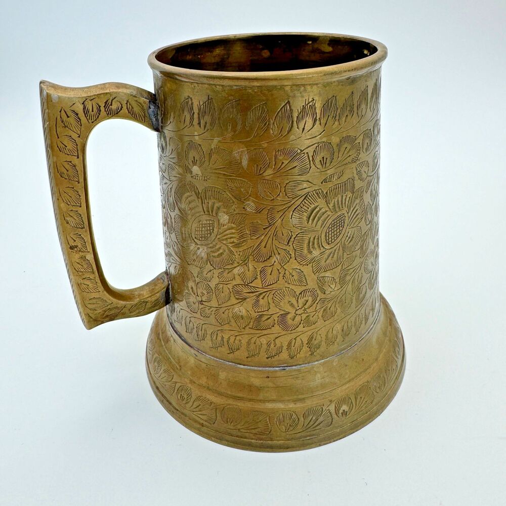 Vintage Hand Etched Brass Beer Tankard Mug Stein Glass Bottom Made In India
